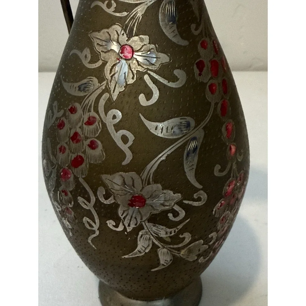 Vintage India Brass Water Pitcher Circa‎ Etched Painted Elegant Curved Handle